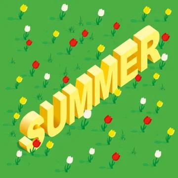 Seamless simple flowers patterns. Word Summer written in the isometric view. Stock Illustration
