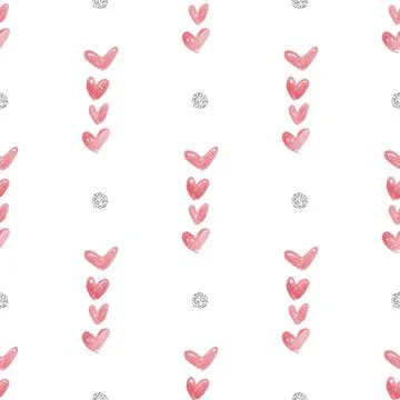 Seamless simple red hand draw line heart with silver dot glitter pattern back Stock Illustration