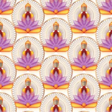 Seamless Sitting Buddha over gold Mandala and lotus flowers. Esoteric vintage Stock Illustration
