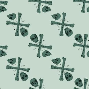 Seamless skeleton pattern with skulls and bones ornament. Blue palette horror Stock Illustration