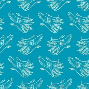 Seamless sketch blue squids Stock Illustration