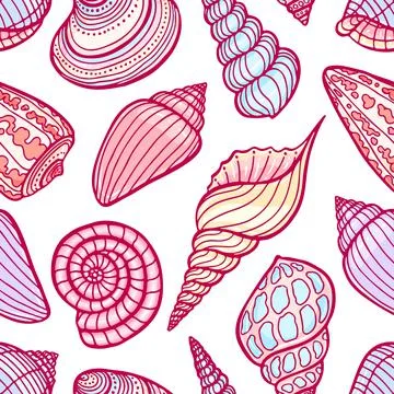 Seamless sketch colored seashells Stock Illustration