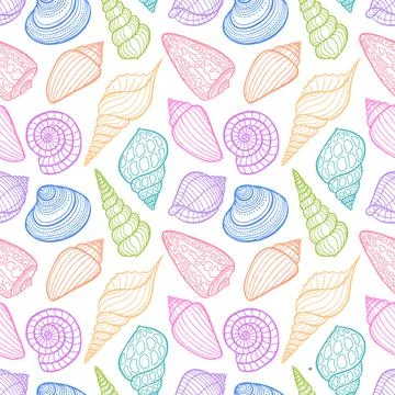 Seamless sketch colored seashells Stock Illustration