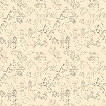 Seamless sketch pattern festive symbols design elements Valentines day brown Stock Illustration
