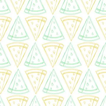 Seamless sketch pattern of a piece of watermelon. Yellow and green outline... Stock Illustration