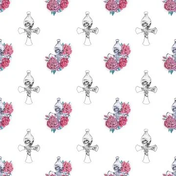 Seamless skull pattern with roses on a white background. Stock Illustration