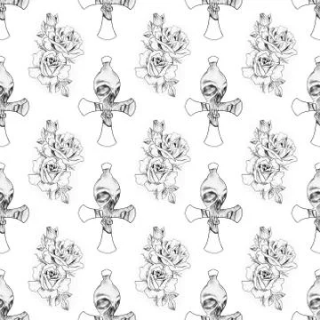 Seamless skull pattern with roses on a white background. Stock Illustration