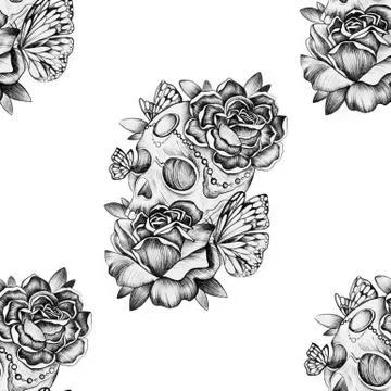 Seamless skull pattern with roses on a white background. Stock Illustration