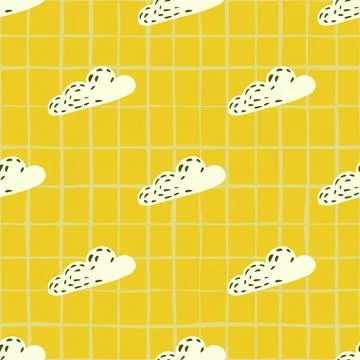 Seamless sky pattern with white cloud shapes. Yellow chequered bright backgro Illustrazione stock