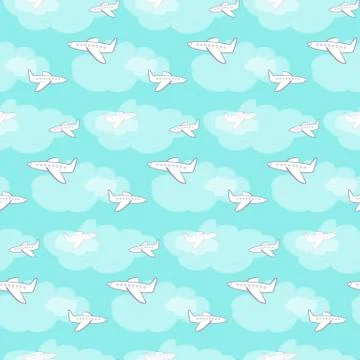Seamless sky pattern with white planes and clouds Stock Illustration