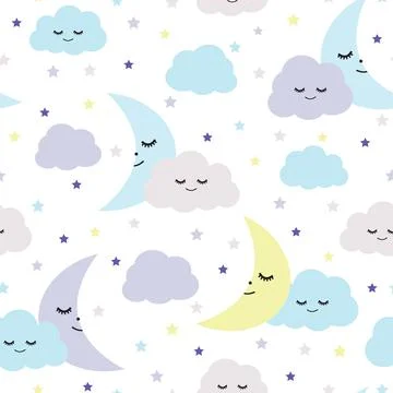 Seamless sleeping moons, clouds and stars pattern vector illustration for kid Stock Illustration