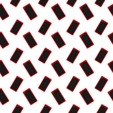Seamless smartphone pattern of black screens and red edges on white, hand drawn Stock Illustration