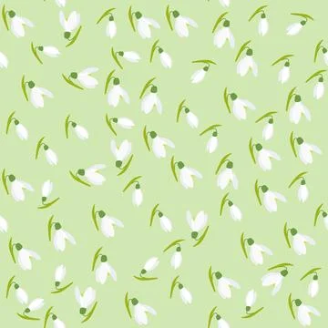 Seamless snowdrops floral pattern featuring delicate white flowers on a gree Stock Illustration