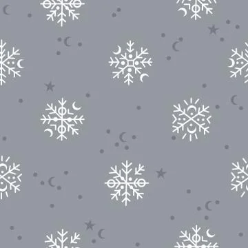 Seamless snowflake Christmas pattern on a gray background. Stock Illustration