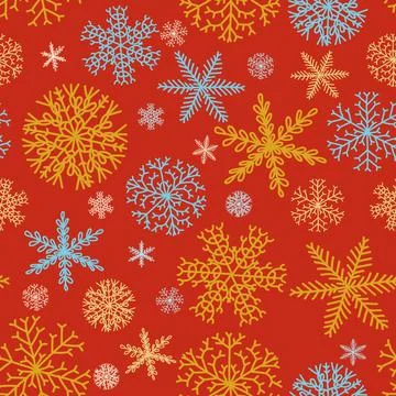 Seamless snowflakes pattern on red background Stock Illustration