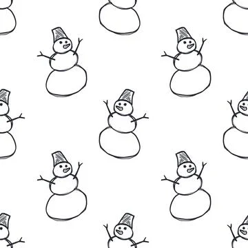 Seamless snowman sketch pattern on a white background. Children's drawing. .. Stock Illustration
