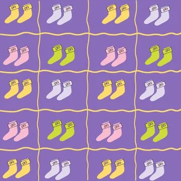 Seamless sock pattern in a grid wavy yellow lines on purple background Stock Illustration