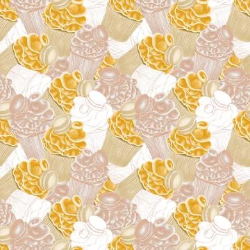 Seamless, solid pattern of orange orange cupcake illustration, hatched and co Stock Illustration