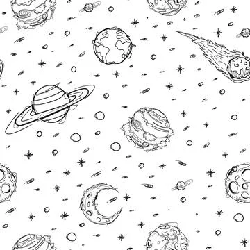 Seamless Space Doodle Pattern Black White Planets Hand Drawn Vector 스톡 일러스트