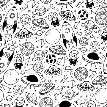 Seamless space kids pattern in doodle style with spaeships, aliens and planet Illustrazione stock
