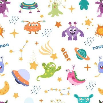 Seamless Space Monsters pattern. Elements of children's space, cute planets a 스톡 일러스트