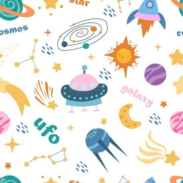 Seamless Space Monsters pattern. Elements of children's space, cute planets a Illustrazione stock
