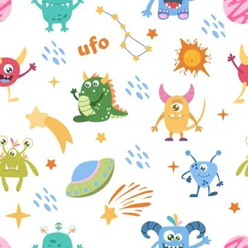 Seamless Space Monsters pattern. Elements of children's space, cute planets a Stock Illustration