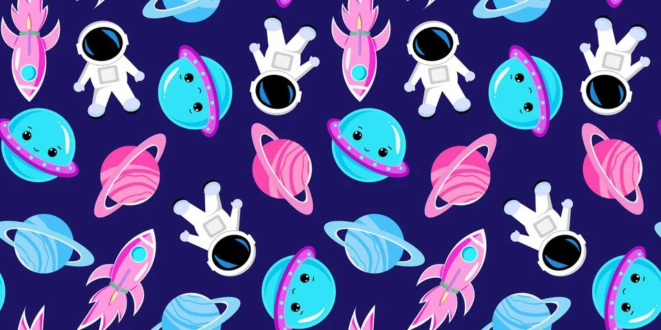 Seamless space pattern astronauts, planets, and rockets on dark background .. Illustrazione stock