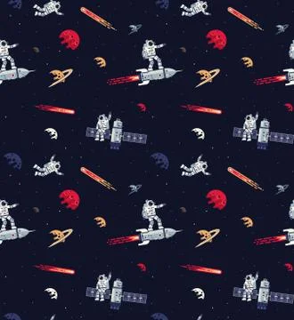 Seamless space pattern with astronauts, rockets, satellites and planets 스톡 일러스트