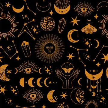 Seamless space pattern on a black background. Boho illustration with moon Illustrazione stock