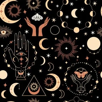 Seamless space pattern on a black background. Boho illustration with moon, .. Stock Illustration
