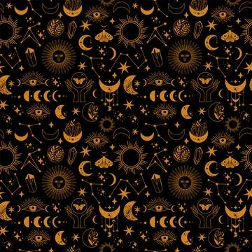 Seamless space pattern on a black background. Boho illustration with moon, .. Stock Illustration
