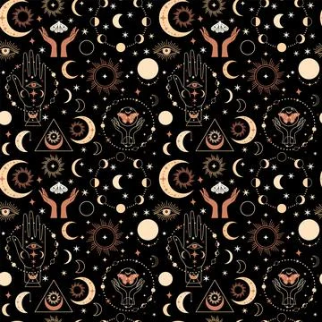 Seamless space pattern on a black background. Boho illustration with moon, .. Stock Illustration