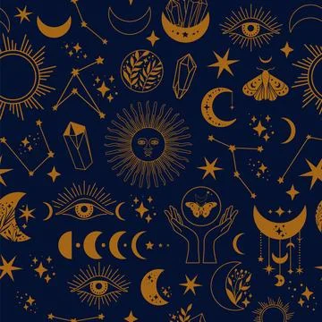 Seamless space pattern on a blue background. Boho illustration with moon, sun Stock Illustration