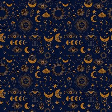 Seamless space pattern on a blue background. Boho illustration with moon, s.. 스톡 일러스트