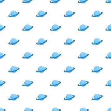 Seamless space pattern with blue cartoon ringed planets Stock Illustration