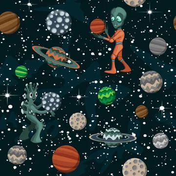 Seamless space pattern with cartoon planets, childish vector space illustration Stockillustratie