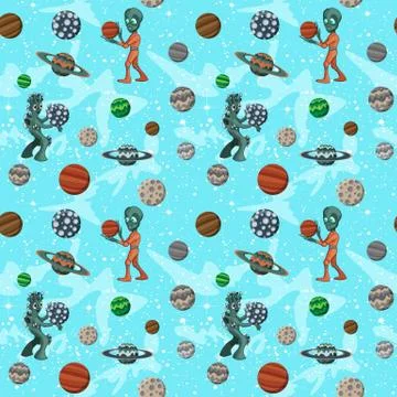Seamless space pattern with cartoon planets, childish vector space illustration Stockillustratie