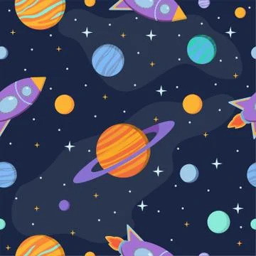 Seamless space pattern. Colorful planets, rockets, galaxy and stars. Stock Illustration