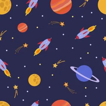 Seamless space pattern. Cosmos background with planets, rockets and stars. Stock Illustration