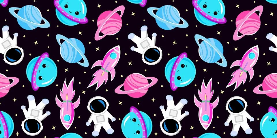 Seamless space pattern cute astronauts, planets stars rockets on dark backg.. Stock Illustration