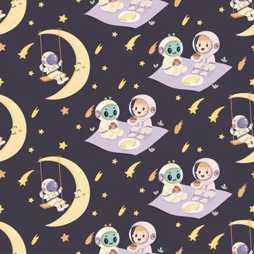 Seamless space pattern, cute space baby pattern. Astronaut, alien Stock Illustration