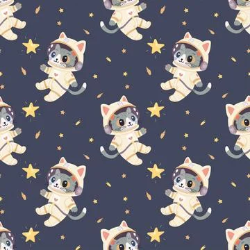 Seamless space pattern, cute space baby pattern. Astronaut cat Illustrazione stock