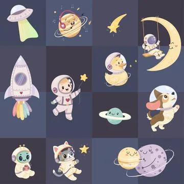 Seamless space pattern, cute space baby pattern. Astronaut cat, dog, rocket 스톡 일러스트