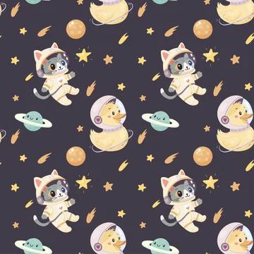 Seamless space pattern, cute space baby pattern. Astronaut cat, duck and plan Illustrazione stock