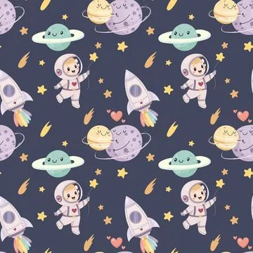 Seamless space pattern, cute space baby pattern. Planet and rocket 스톡 일러스트