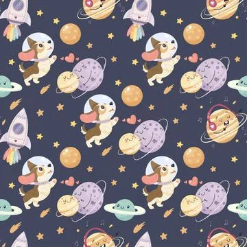 Seamless space pattern, cute space baby pattern. A planet and a rocket and .. Stock Illustration