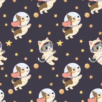 Seamless space pattern, cute space baby pattern. dog and cat Stock Illustration