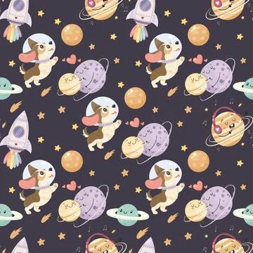Seamless space pattern, cute space baby pattern. dog Illustrazione stock