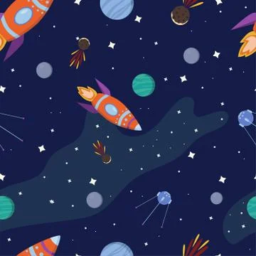 Seamless space pattern. Planets, rockets and stars. Vector. Stock Illustration